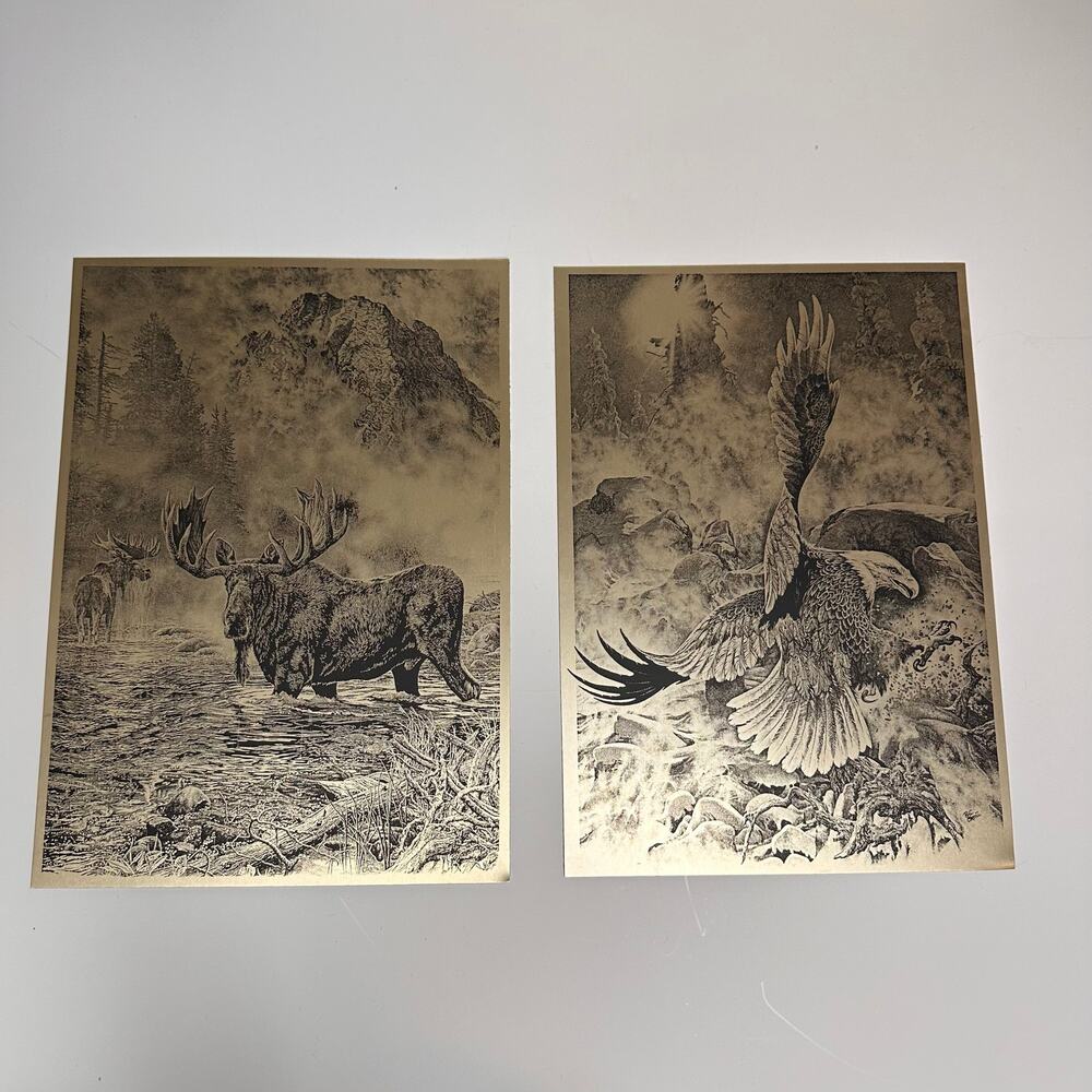 Bill O'Neil Metal Etched Lithograph Prints on Paper "Bulging Elk" "Bald Eagle"